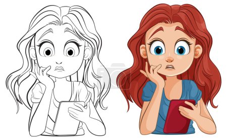 Illustration for Colorful and line art of a concerned young girl - Royalty Free Image