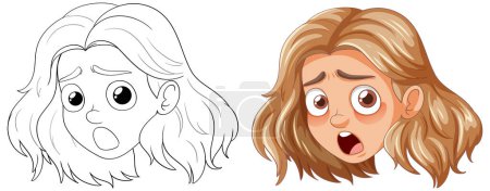 Colorful and line art illustrations of a surprised girl.