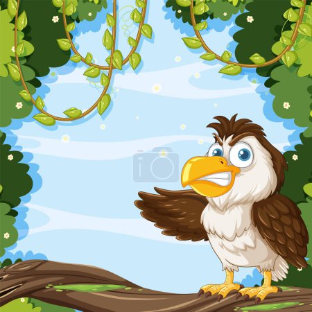 Illustration for Cartoon eagle perched on a branch, surrounded by foliage. - Royalty Free Image