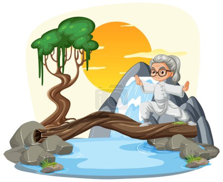 Ilustración de Dibujos animados de un anciano sereno meditando en la naturaleza - Imagen libre de derechos
