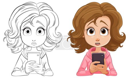 Illustration for Cartoon girl with phone, expressing shock or surprise - Royalty Free Image