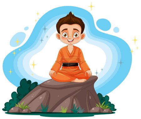 Cartoon boy in monk robes meditating peacefully