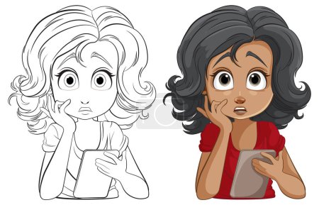 Ilustración de Chica de dibujos animados sosteniendo la tableta con una expresión conmocionada. - Imagen libre de derechos