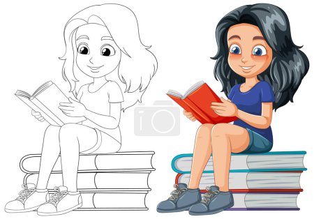 Ilustración de Ilustraciones coloridas y esbozadas de la lectura niña - Imagen libre de derechos