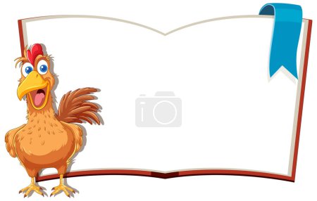 Téléchargez les illustrations : Un poulet de dessin animé debout à côté d'un livre blanc. - en licence libre de droit