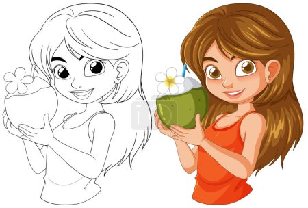 Ilustración de Ilustración vectorial de chica con coco, color y línea de arte. - Imagen libre de derechos