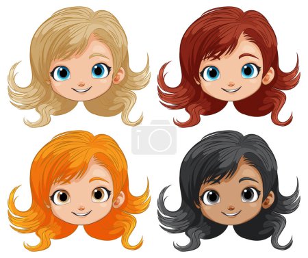 Ilustración de Cuatro chicas de dibujos animados con diferentes colores de cabello - Imagen libre de derechos