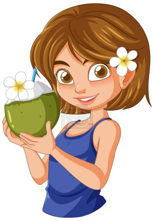 Téléchargez les illustrations : Joyeux jeune fille tenant une boisson de noix de coco verte - en licence libre de droit