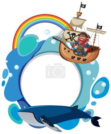 Ilustración de Colorido barco pirata navegando sobre una ballena - Imagen libre de derechos