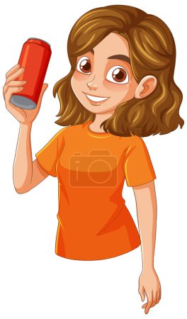 Joyeux jeune fille souriant avec une canette de boisson