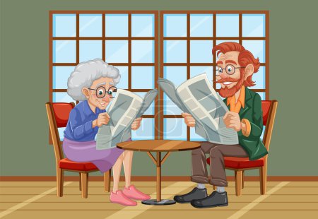 Senior man and woman reading papers indoors