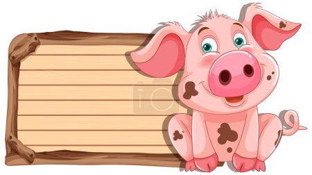 Ilustración de Lindo personaje de dibujos animados cerdo al lado de un signo en blanco - Imagen libre de derechos