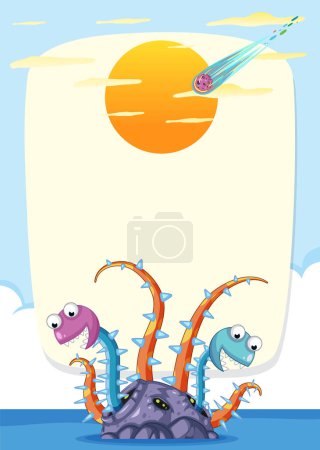 Illustration for Cartoon monsters at the beach with a comet - Royalty Free Image