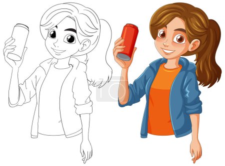 Téléchargez les illustrations : Coloré et ligne art de fille tenant le téléphone - en licence libre de droit