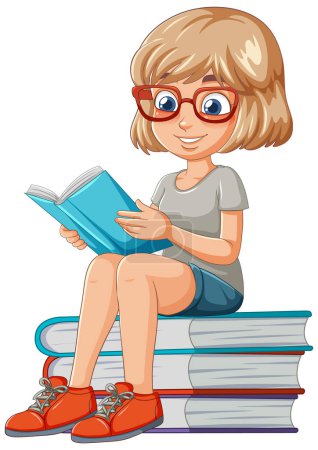 Téléchargez les illustrations : Caricature d'une fille lisant un livre sur une pile de livres - en licence libre de droit
