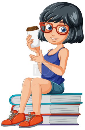 Animated girl sitting on books with coffee cup.