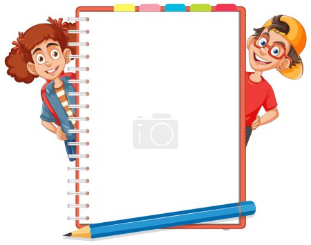 Téléchargez les illustrations : Deux enfants heureux dessin animé avec un grand carnet vierge - en licence libre de droit