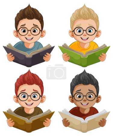 Téléchargez les illustrations : Quatre enfants de dessin animé avec des livres souriant joyeusement. - en licence libre de droit