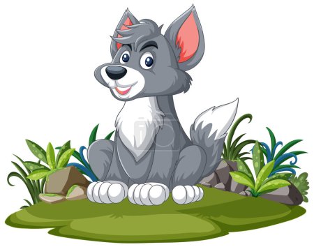 Téléchargez les illustrations : Un chien heureux assis parmi les plantes vertes. - en licence libre de droit