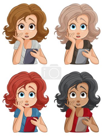 Téléchargez les illustrations : Quatre femmes aux expressions faciales choquées - en licence libre de droit