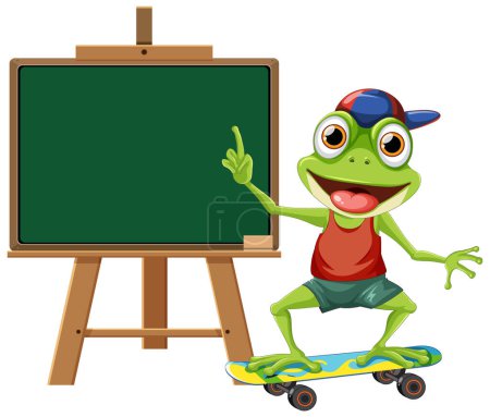 Illustration for Cartoon frog on skateboard pointing at blackboard - Royalty Free Image
