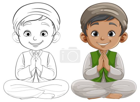 Colorful and line art illustrations of a boy greeting.