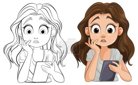 Cartoon girl thinking deeply holding a book.
