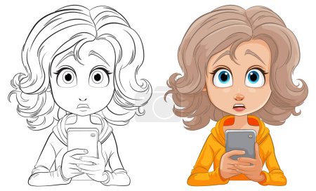 Colorful and line art illustration of a startled girl