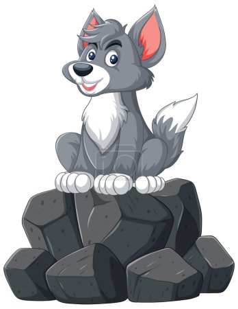 Téléchargez les illustrations : Illustration vectorielle d'un chien heureux assis sur des pierres. - en licence libre de droit