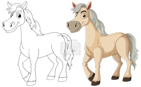 Téléchargez les illustrations : Illustration vectorielle d'un cheval, avant et après coloration. - en licence libre de droit