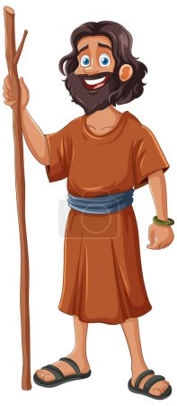 Illustration for Smiling cartoon man in historical clothing holding a staff. - Royalty Free Image