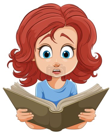 Téléchargez les illustrations : Dessin animé d'une fille aux yeux larges lisant - en licence libre de droit