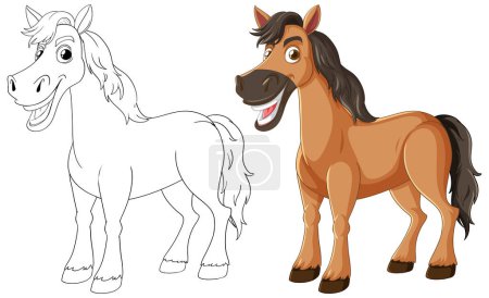 Téléchargez les illustrations : Illustrations de chevaux colorées et esquissées côte à côte. - en licence libre de droit
