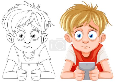 Ilustración de Cartoon boy se centró en jugar con su dispositivo móvil - Imagen libre de derechos