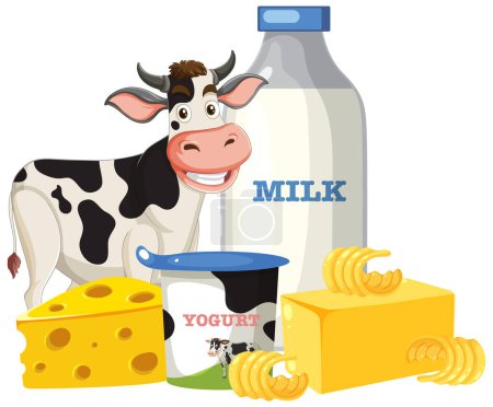 Colorful illustration of dairy products and a cow.