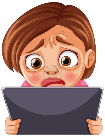 Ilustración de Dibujos animados de una chica joven mirando a la tableta con ansiedad - Imagen libre de derechos