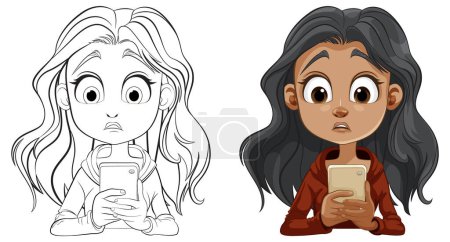 Illustration for Two cartoon girls with phones showing shocked expressions. - Royalty Free Image