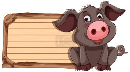 Ilustración de Lindo cerdo de dibujos animados sosteniendo un signo de madera en blanco. - Imagen libre de derechos