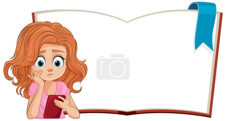 Ilustración de Ilustración de una chica reflexionando sobre un libro vacío - Imagen libre de derechos