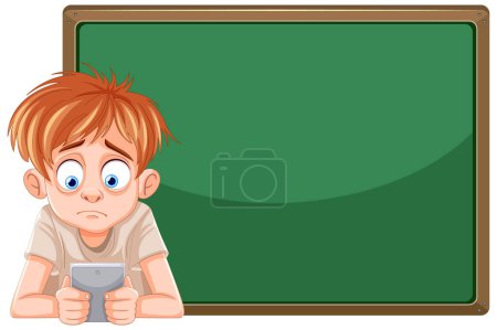 Cartoon boy looking at phone in front of board