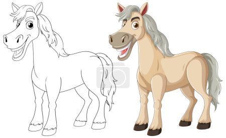 Téléchargez les illustrations : Dessins de chevaux colorés et esquissés côte à côte. - en licence libre de droit