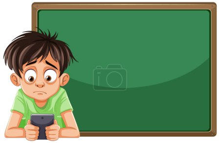 Cartoon boy looking at phone in front of board