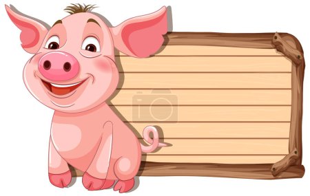 Téléchargez les illustrations : Joyeux cochon de dessin animé debout près d'un panneau - en licence libre de droit