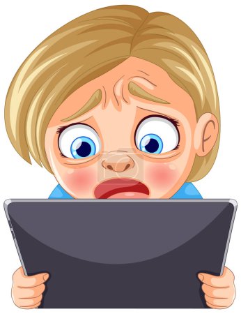 Dibujos animados de una chica joven molesta con una tableta