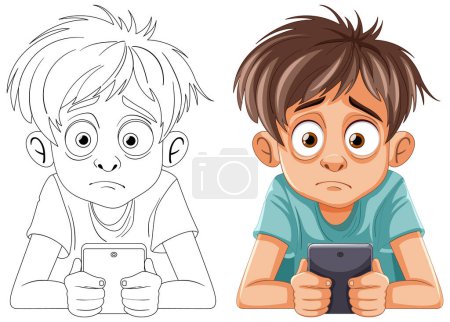 Illustration for Two boys engrossed in their smartphones, looking worried. - Royalty Free Image