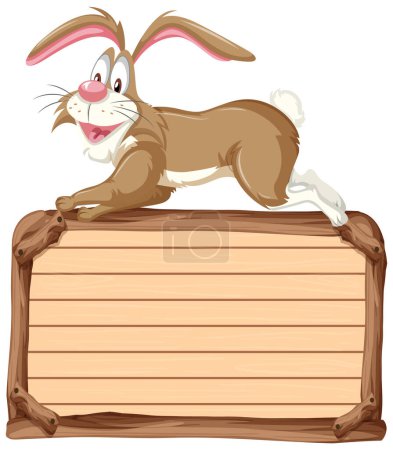 Téléchargez les illustrations : Dessin animé lapin appuyé sur un panneau en bois blanc. - en licence libre de droit