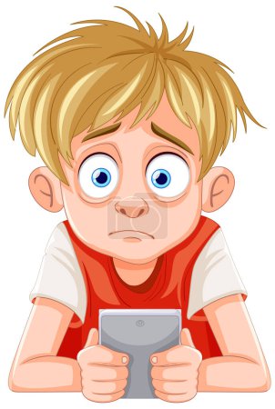 Dibujos animados de un niño preocupado con un dispositivo móvil