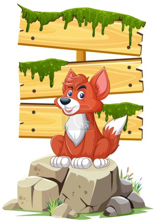 Illustration for Vector illustration of a happy fox sitting by sign - Royalty Free Image