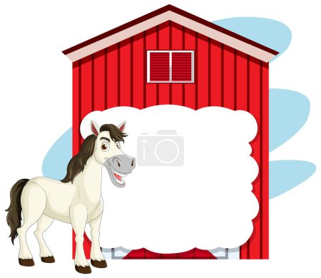 Cartoon horse smiling beside a red barn
