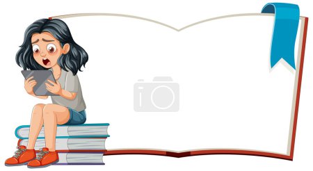 Téléchargez les illustrations : Fille étonnée par une histoire assise sur des livres - en licence libre de droit